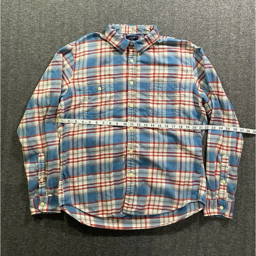 J Crew Flannel Shirt Mens L Plaid Button Up Long Sleeve Work Blue Red 92937